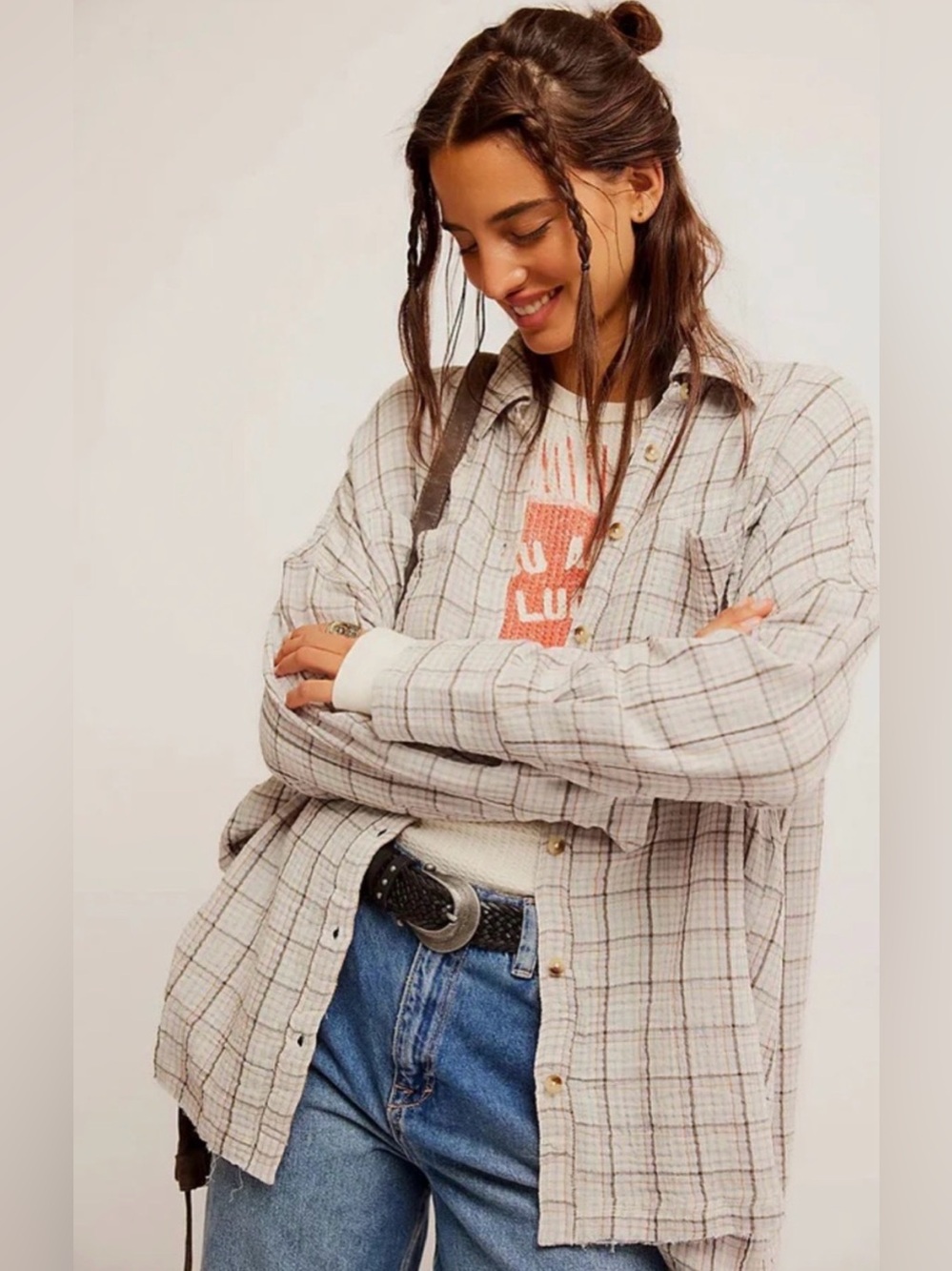 We The Free Cardiff Plaid Gauze Button Down Shirt Neutral Brown Gray Size Large